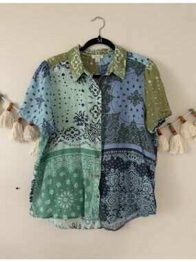 Sundance 100% Linen Multicolor Paisley Bandana Button Front Top Coastal Boho L